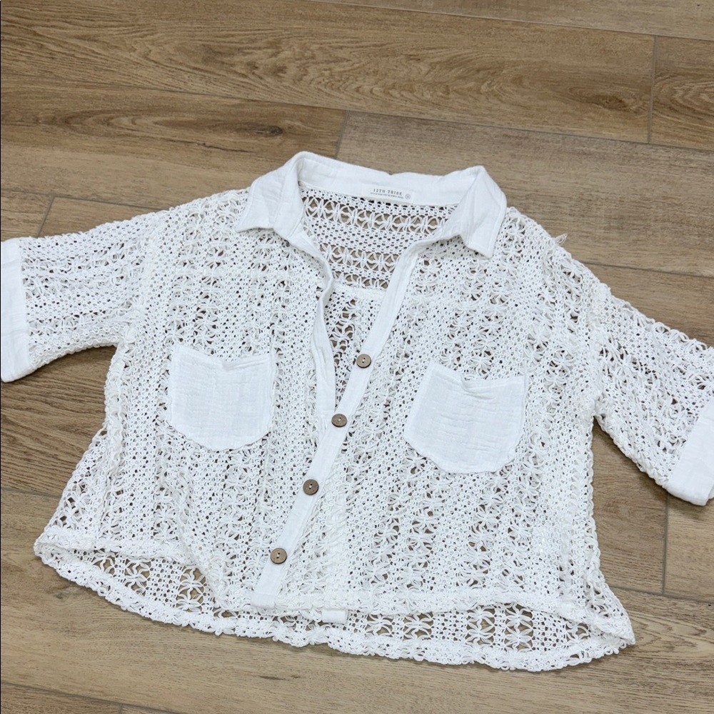 12th Tribe White Lace Button-Up Shirt
